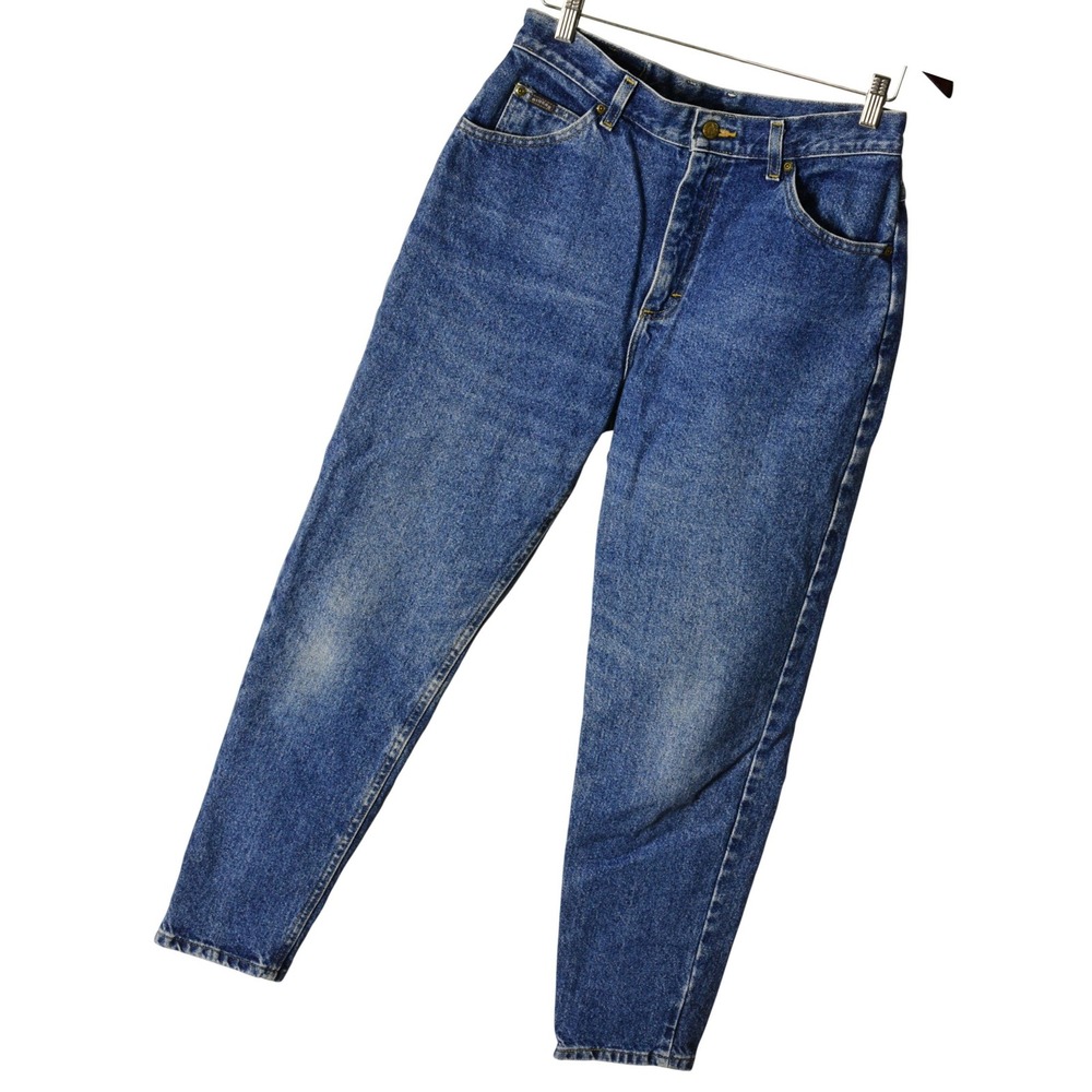 90s Vintage Dark Stone Wash Tapered Jeans Women 12 Blue High Rise Riders - Picture 3 of 8